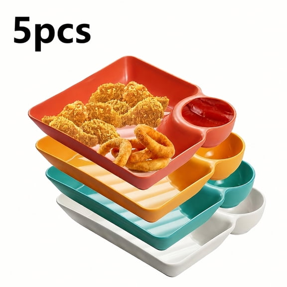 Set Of 5-piece Divided Snack Plates, Colorful Plastic Compartment Dumpling Plates/sushi Plates/fries & Dip Plates, With Sauce Section, Sturdy And Microwave & Dishwasher Safe, Perfect For Appetizers,