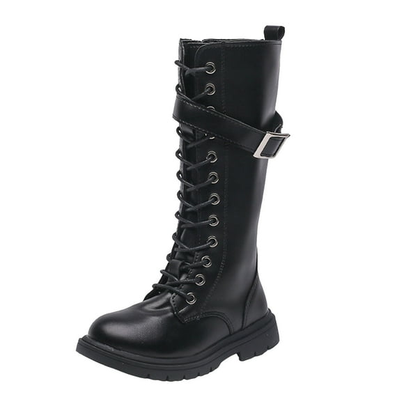 Gubotare Mid Calf Combat Boots Girls Combat Boots Fashion Lace Up Side Zipper Mid Calf Combat Riding Boots Leather Vintage Boot Non Slip Outdoor Boot Size 10 (Black,Little Kids 10)