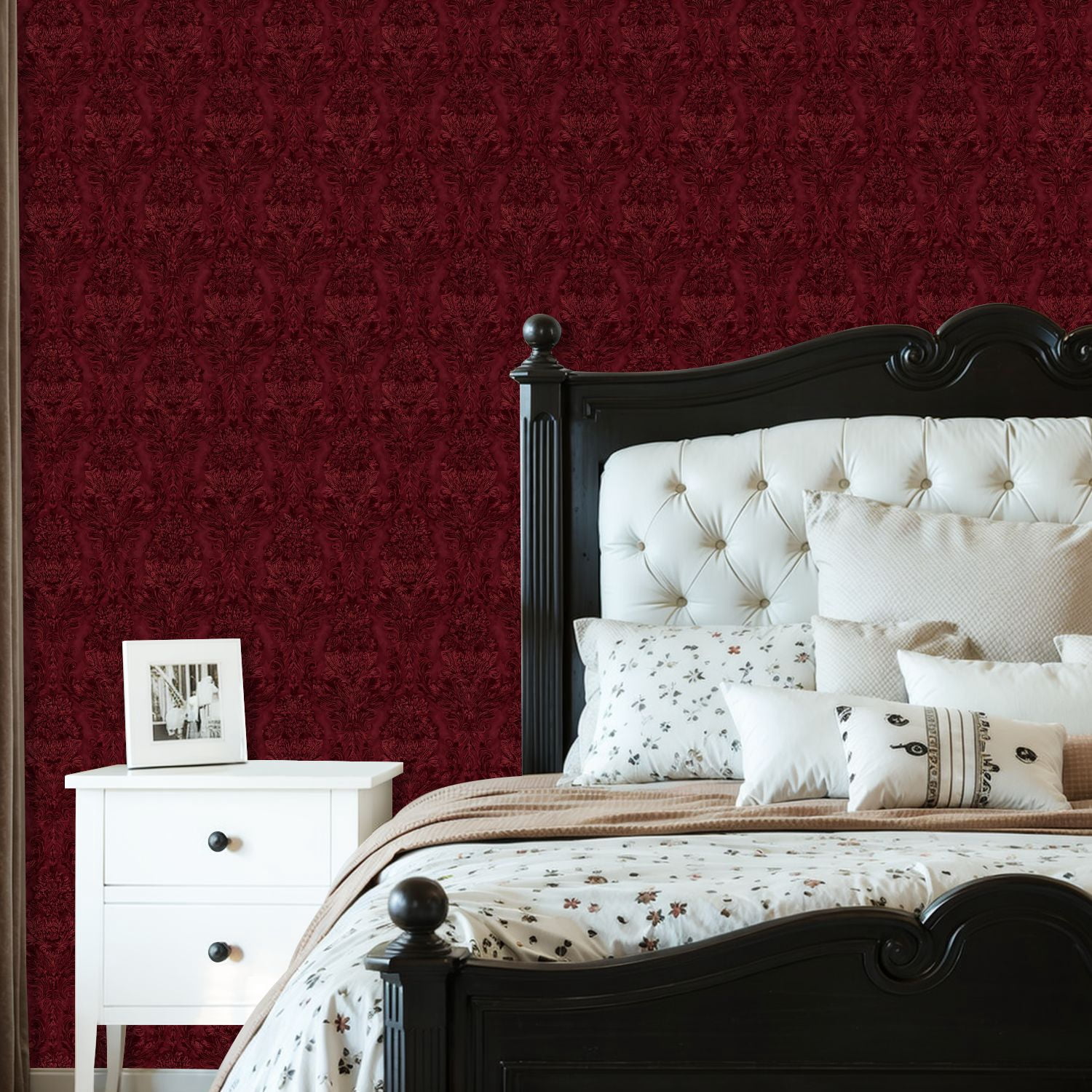Peel and Stick Wallpaper Baroque Elegant Burgundy Damask Vintage Floral Design Wall Mural 23.6in x 9.8ft Self Adhesive Removable Wall Paper Renter Friendly Wallpaper for Nursery Bedroom Cabinets