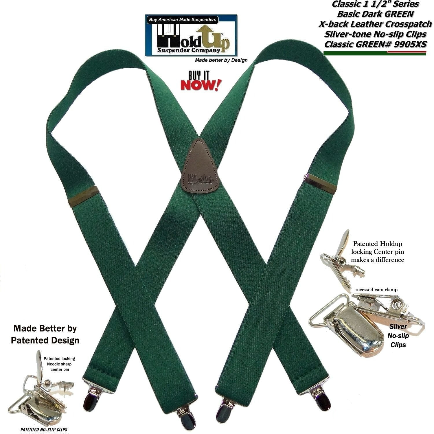 Thick 1 1/2" Dark Green Forest Green Y-Style Back suspenders-New in Package! 