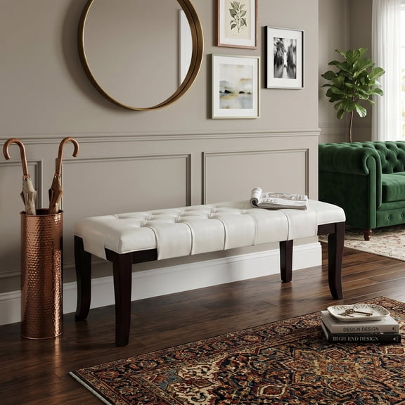Faux Leather Tufted Bench for Entryway, White Living Room Bench with Espresso Legs