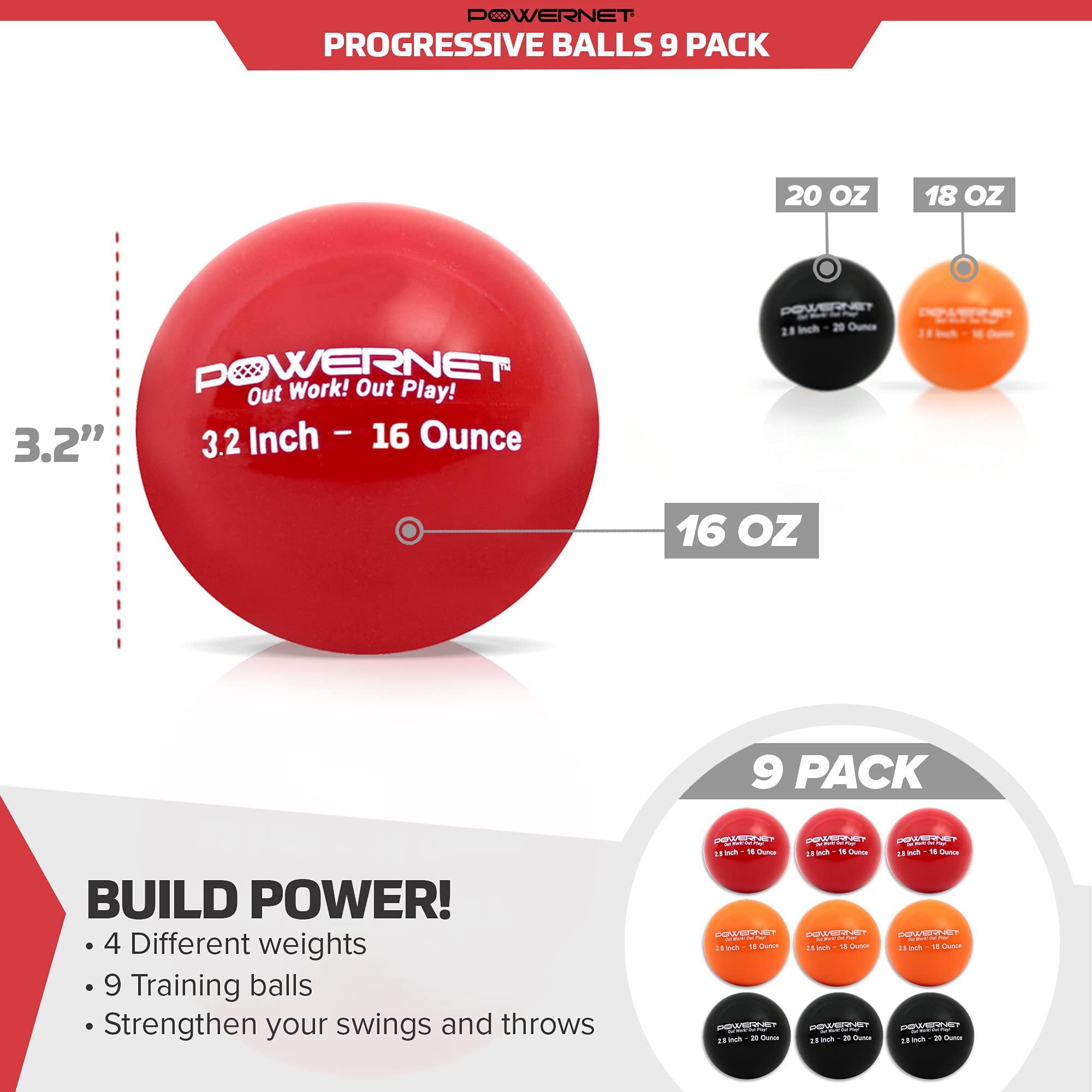 PowerNet Sweet Spot Training Bat + 3.2" Progressive Weighted Softball Training Balls for Hitting & Pitching, 9 Pack Weighted Balls & Weighted Bat, Improve Hand-Eye Coordination & Power (31" Bat)