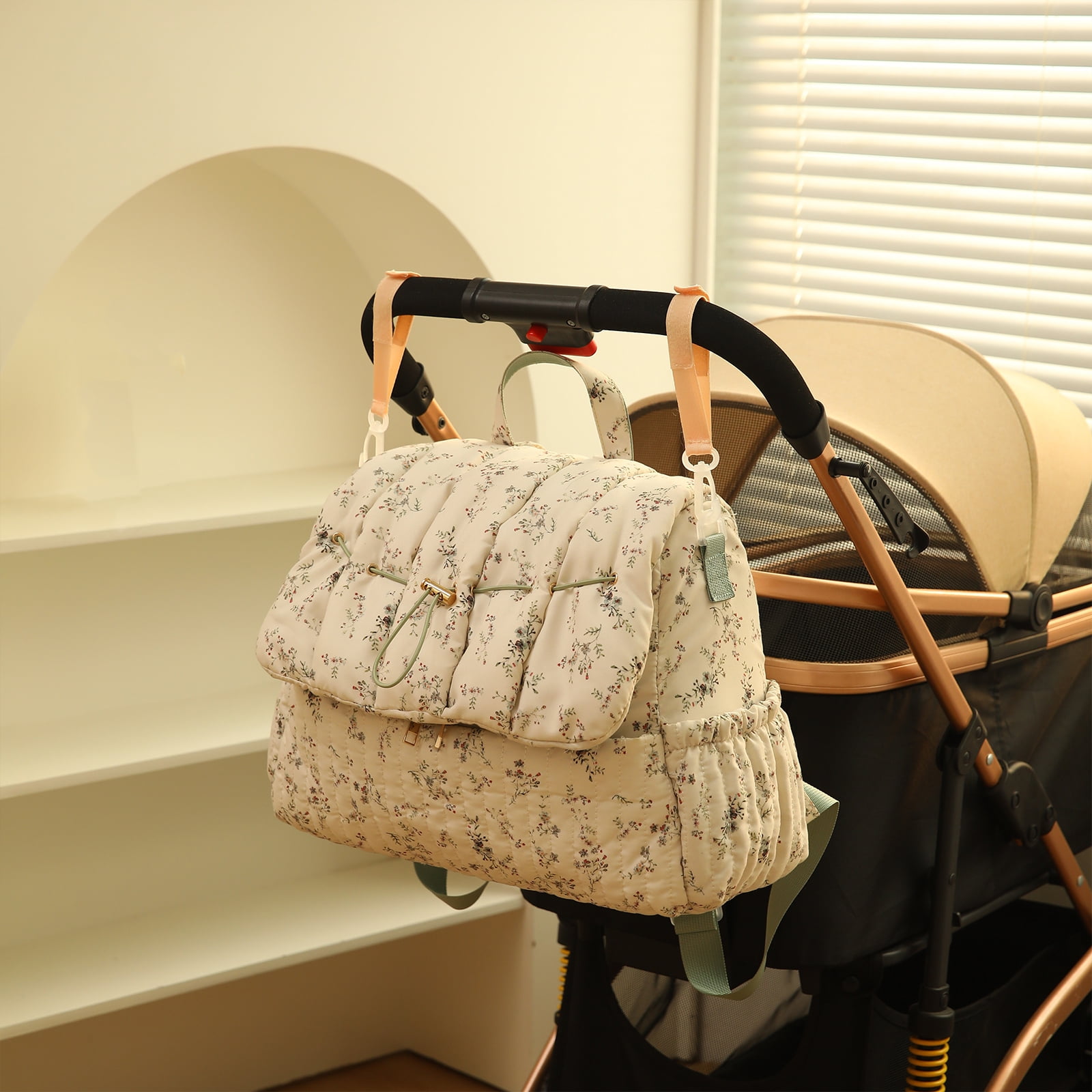 HAHUT Aesthetic Quilted Floral Diaper Bag Backpack with Stroller Straps, Multi-Functional Nylon Embroidered Laptop Backpack for Work Travel Casual (Green)