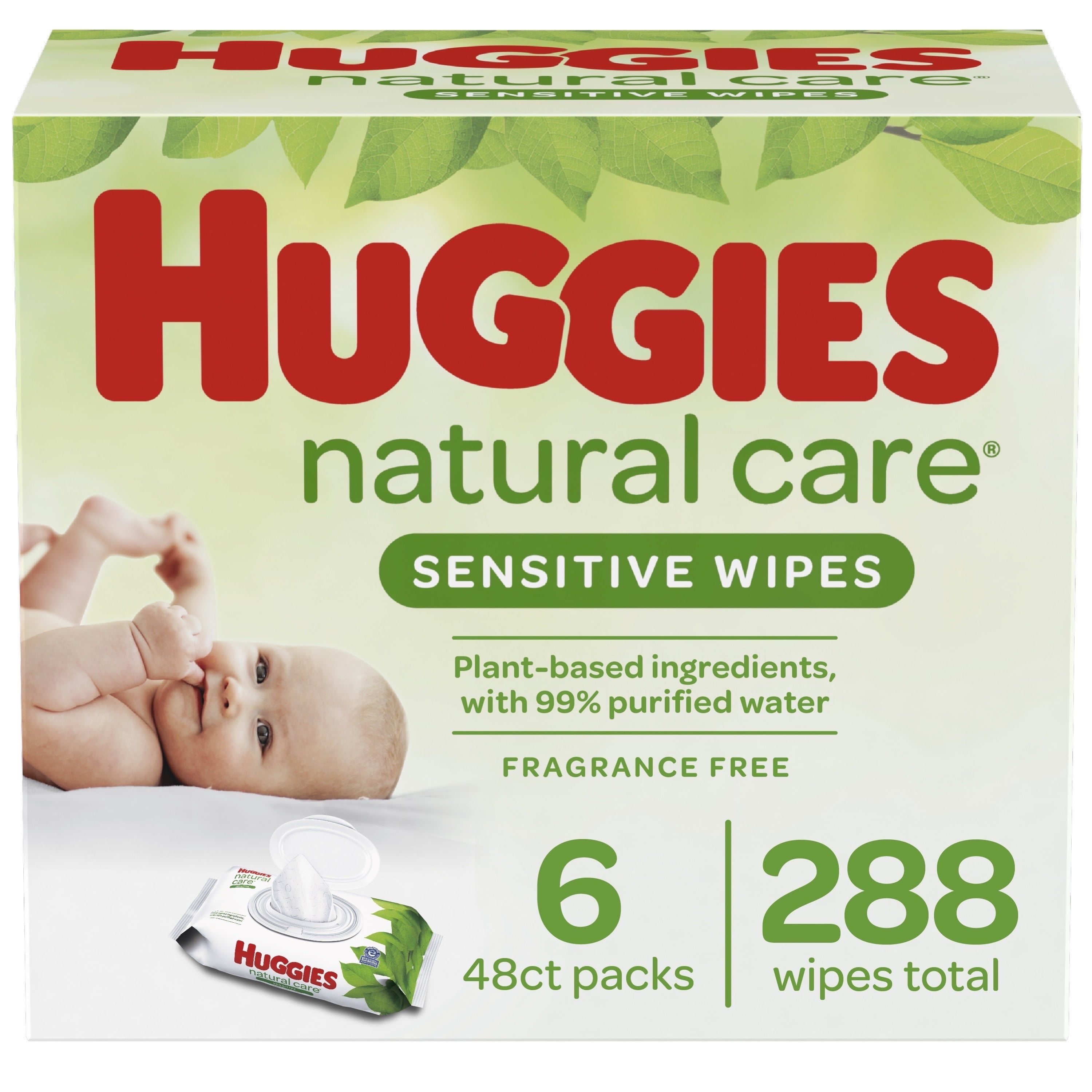 Huggies Natural Care Sensitive Baby Wipes, Unscented, 6 Flip-Top Packs (288 Wipes Total)