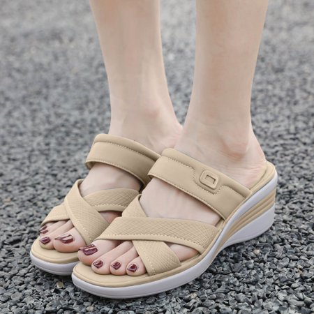 

YOUSNH New Lightweight Slippers Casual Sports Rhinestone Thick Bottom Metal Buckle Latex Large Size Women s Shoes Sandals for Women Beige 7(38)