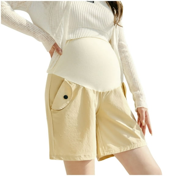 ameIAEA Women's Maternity Stretch Shorts Cotton Linen Solid Color Pregnancy Shorts with Pockets
