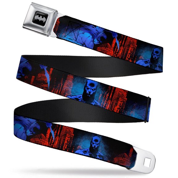 DC Comics, Seatbelt Buckle Belt, Batman Poses Buildings Black Reds Blues, 30 to 44 Inches
