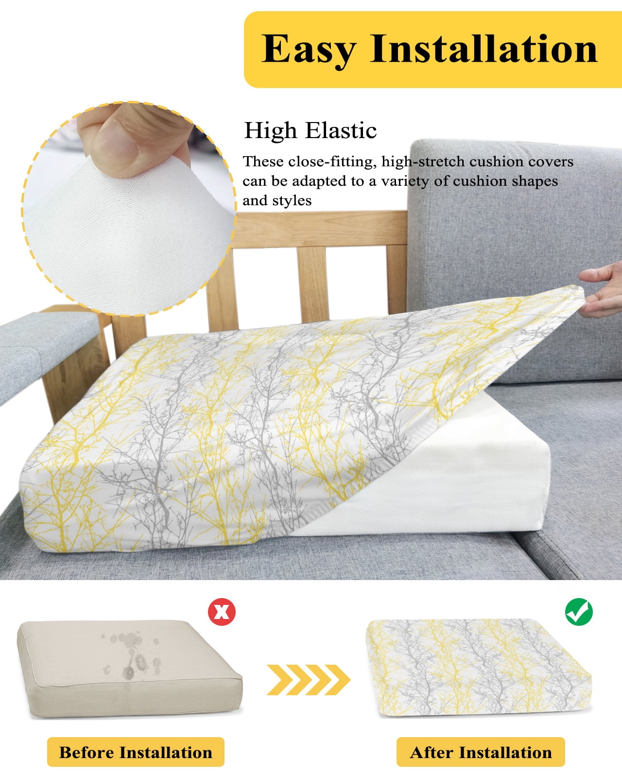 Yellow Gray Couch Cushion Covers, Stretch Seat Cushion Covers for Sectional Sofa, Pastoral Botanical Branch Aesthetics T-shaped Sofa&nbsp;Slipcovers Furniture Protector with Elastic&Straps Small 2Pcs
