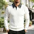 thumbnail image 5 of Plaid Collar Textured Jacquard Knit Polo Shirt for Men, V Neck Long Sleeve Buttonless Vintage Casual Sweater White, 5 of 9