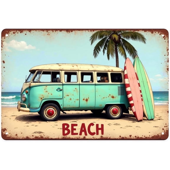 Retro Beach Van Surfing Metal Tin Sign, Vintage VW Bus Wall Art for Home Bar Garden Porch Bedroom Kitchen Decor, 8 x 12 in