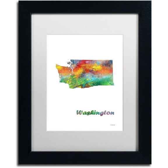 Trademark Fine Art "Washington State Map-1" Canvas Art by Marlene Watson, White Matte, Black Frame