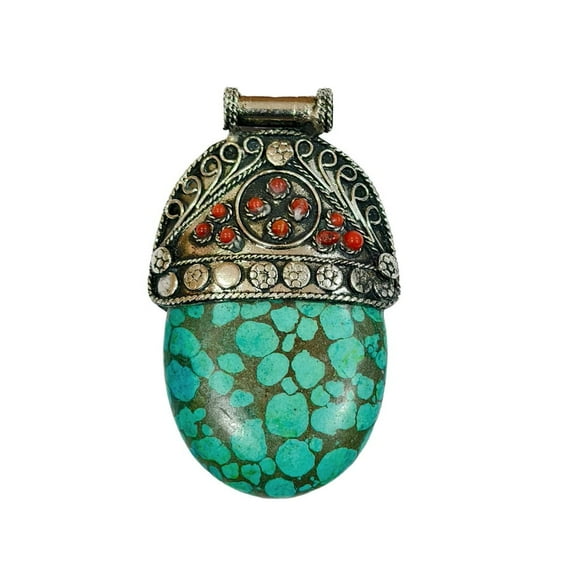 Tibetan Silver Handmade Tibetan Bohemian Jewelry Pendant With Green Coral & Turquoise Necklace, Brass Unique Gemstone Design