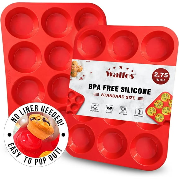 Walfos Muffin Pan Set - 12 Cups Regular Silicone Cupcake Pan, Non-stick and BPA Free, Great for Making Muffin Cakes, Tart, Fat Bombs - Dishwasher Safe, 2-Piece