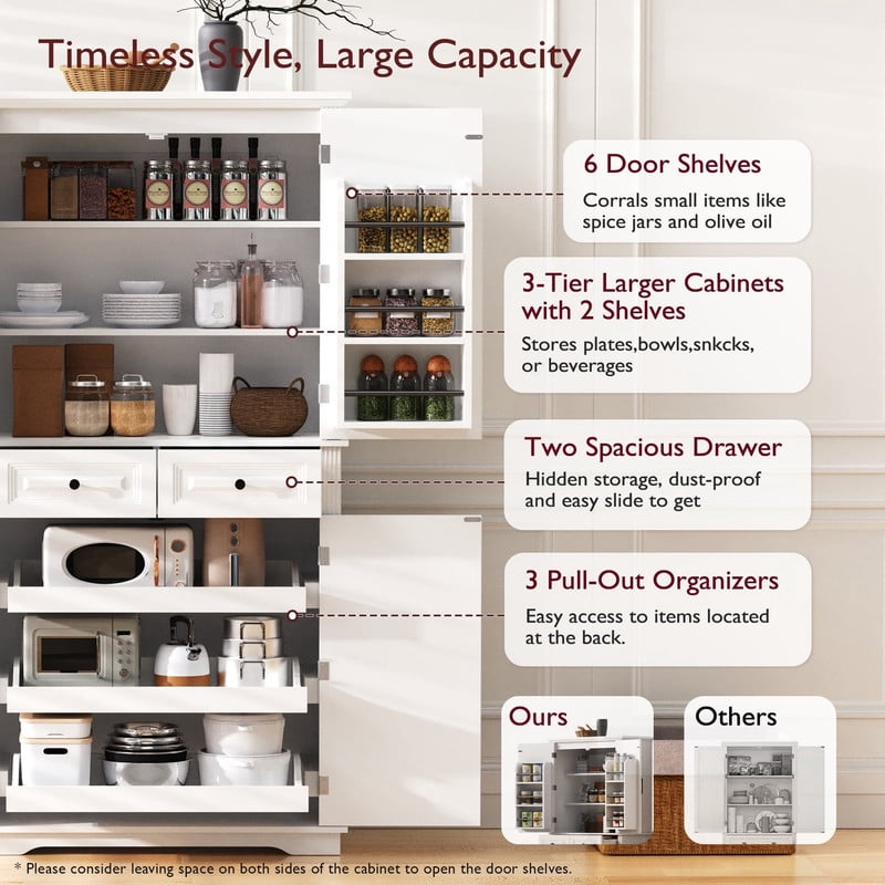 Farmhouse Kitchen Pantry Cabinet with 3 Pull Out Cabinet Organizers, Tall Kitchen Storage Cabinet with 2 Drawers, Freestanding Kitchen Cupboard with 6 Door Shelves