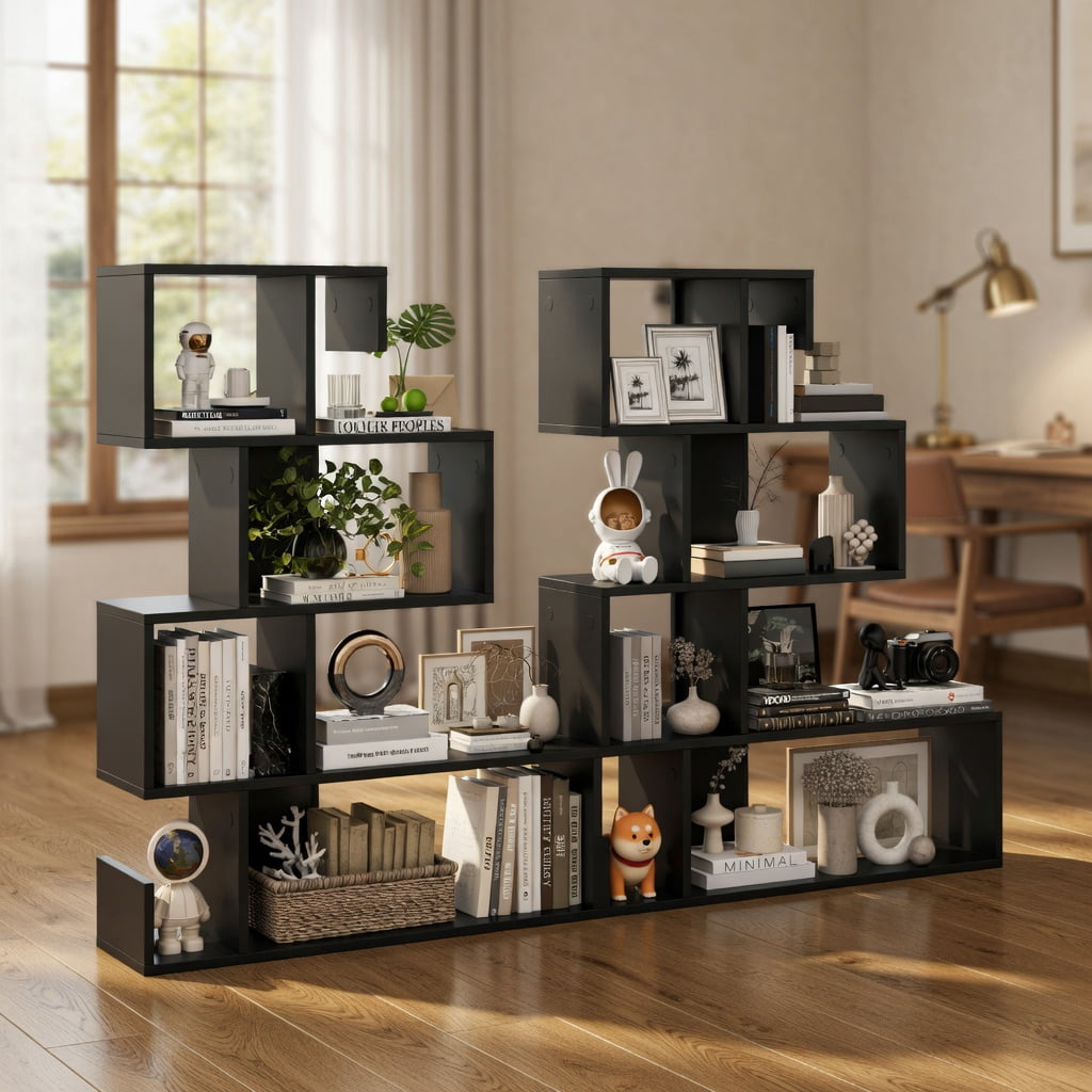 Spaco 5-Tier S-Shaped Bookshelf Geometric Z-Shelf Bookcase with Open Cubes-Black, Tall Bookshelf, Shelves for Living Room, Home Office, Bedroom, Balcony