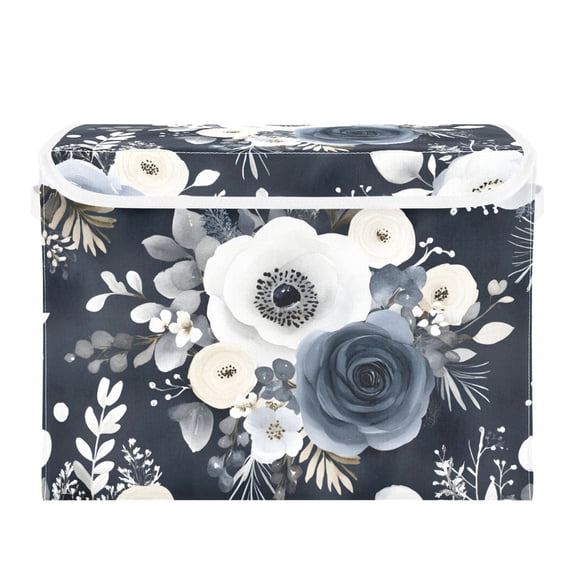 Elegant Black and White Floral Large Storage Bins with Linen Collapsible Lid Storage Box 16.7 x 12.6 x 11.8in