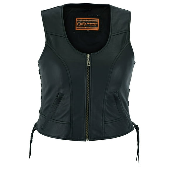 Daniel Smart Biker Vest for Women Soft Lambskin Leather Vest with Front Zipper Stylish Side Laces & Zipper Pockets