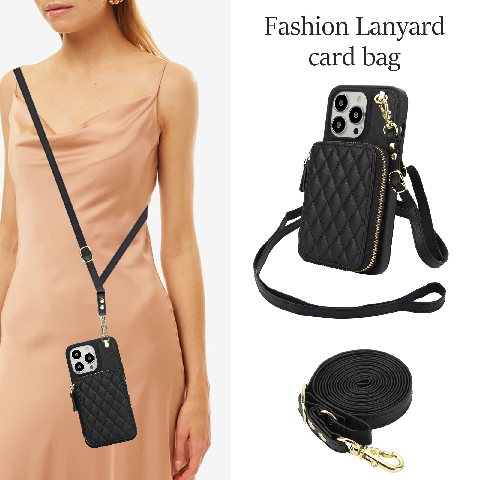 Compatible with iPhone 15 Pro 6.1 inch Wallet Phone Case Tempered Glass Screen Protector Wrist Crossbody Strap Stand Credit Card Holder RFID Slot Cell Cover for i Phone15 i15 15Pro Women Girls Black