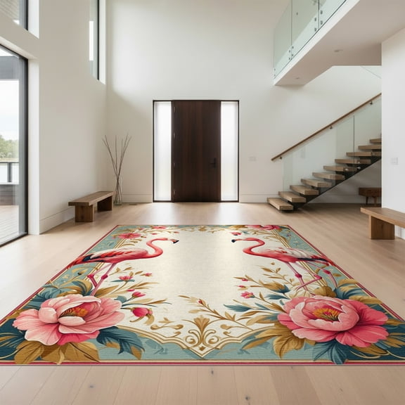 Design&I 8'x10' Washable Area Rug Vintage Damask Symmetrical Scrolls Botanical Border Boho Blooms for King Size Bedroom, Under Bed, Sleek Flatweave Pet Friendly
