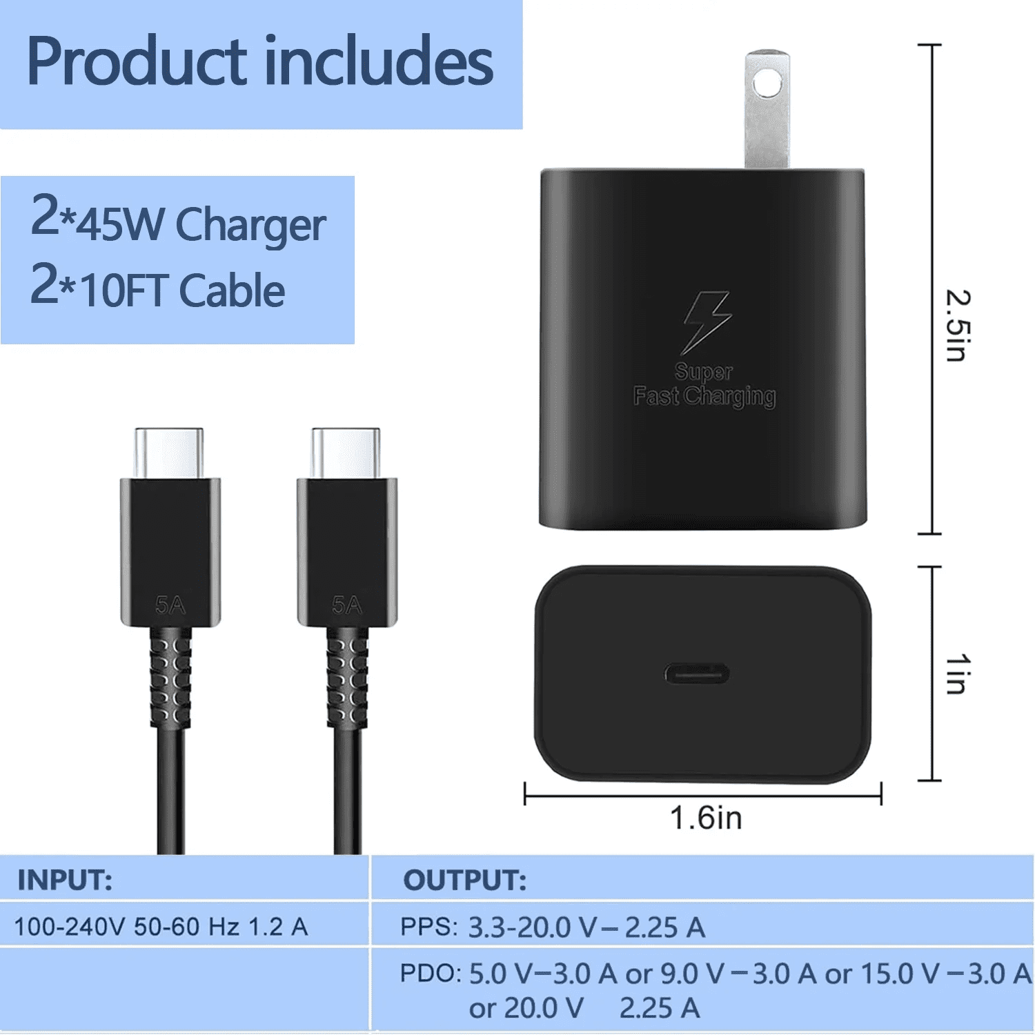 Super Fast Charger Type C 2Pack 45W USB C Fast Charging Block Wall Charger with 2*10FT Android Phone Charger Cable Compatible with Samsung Galaxy S25/S24/S23 Ultra/S23+/S22