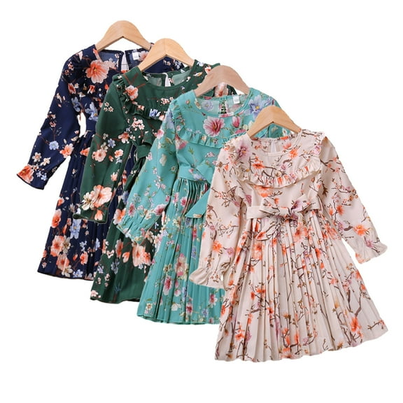 Esaierrr Baby Kids Girls Large Flowers Pressed Pleats Princess Dress 2-6Y Lace Dress Long Sleeves Casual Dress Lace-Up Princess Dress
