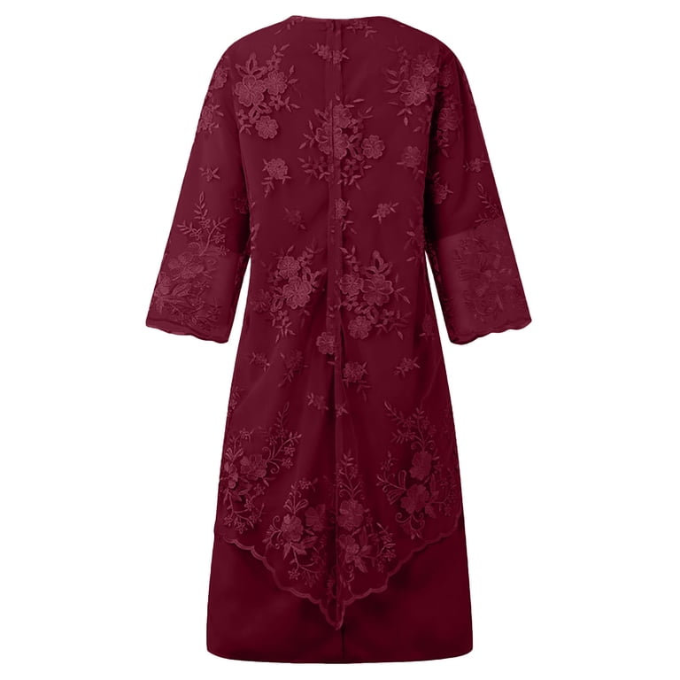 grandmother dress for fall wedding Brnmxoke Womens Plus Size Fall 3/4 Sleeve Long Casual Dresses Elegant  Embroidered Lace Wedding Guest Dresses Knee Length Evening Party Grandmother  Dress Wine,XL