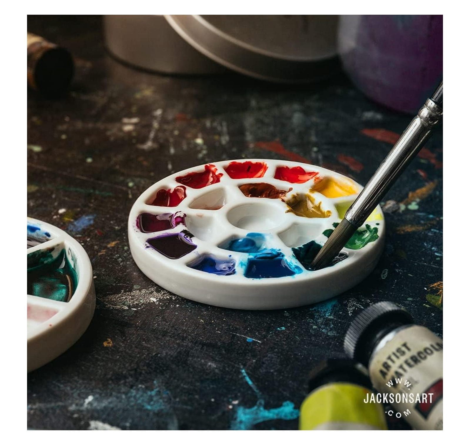 Mini Palette 19 Wells - Built for Watercolor Acrylic Oil and Gouache Paint - Professional Porcelain Paint Wells and Mixing Palette and Airtight Metal Tin - Perfect Travel Palette