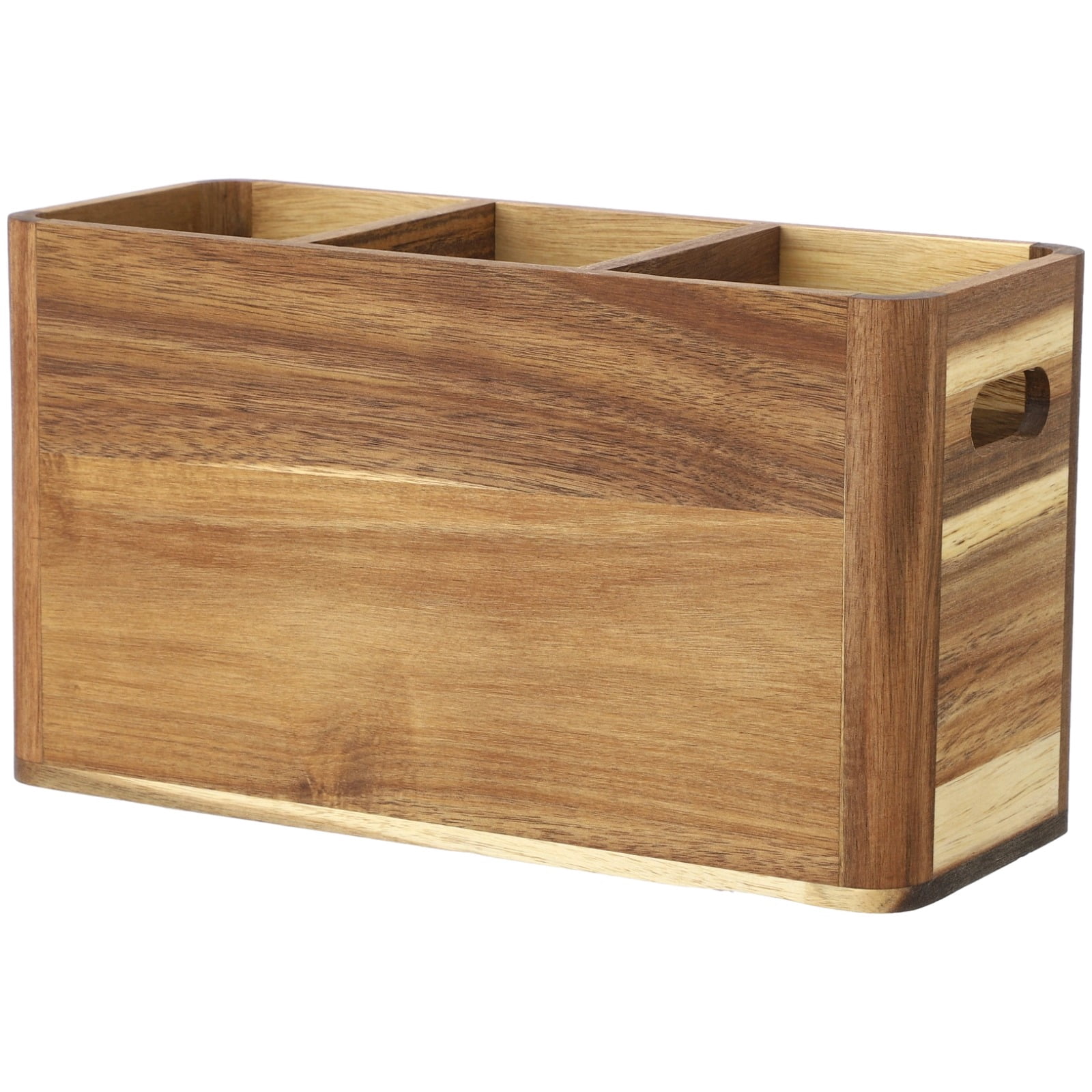 3-Compartment Wooden Kitchen Utensil Holder Organizer, Large Wood Utensil Container with Removable Dividers, 12 x 4.7 x 6.8 in, Wooden Storage for Cooking and Silverware