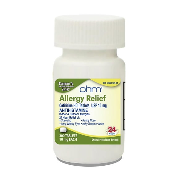 Ohm Cetirizine HCl 10mg Tablets, 24-Hour Allergy Relief, Antihistamine for Pollen, Hay Fever, Dry Itchy Eyes, 300 Count