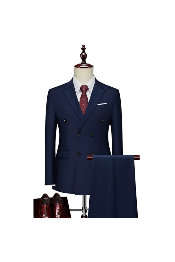 Business Suit Sets for Men 2 Piece Outfits Long Sleeve Double-Breasted Button Blazer Jacket and Dressy Pants Sets Fashion Elegant Wedding Party Outfits with Pockets
