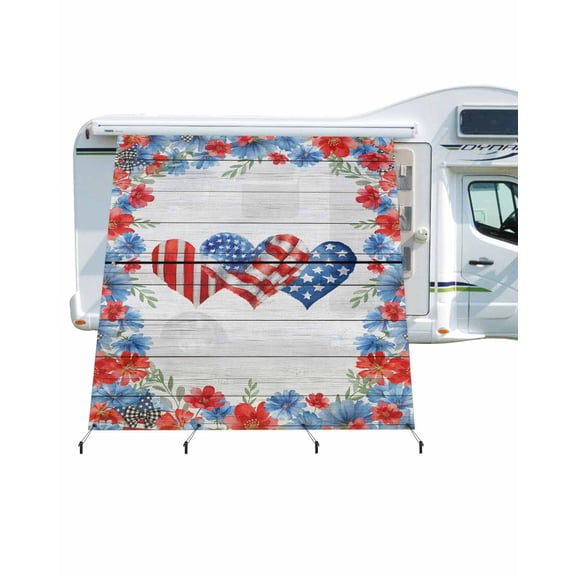 4th of July RV Awning Sun Shade Screen 9'X7' American Flag Love Heart Mesh Sunscreen Poppy Flower Wood Awning Shade Screen with Zipper UV Blocker Completed Kits for RV Motorhome Camper