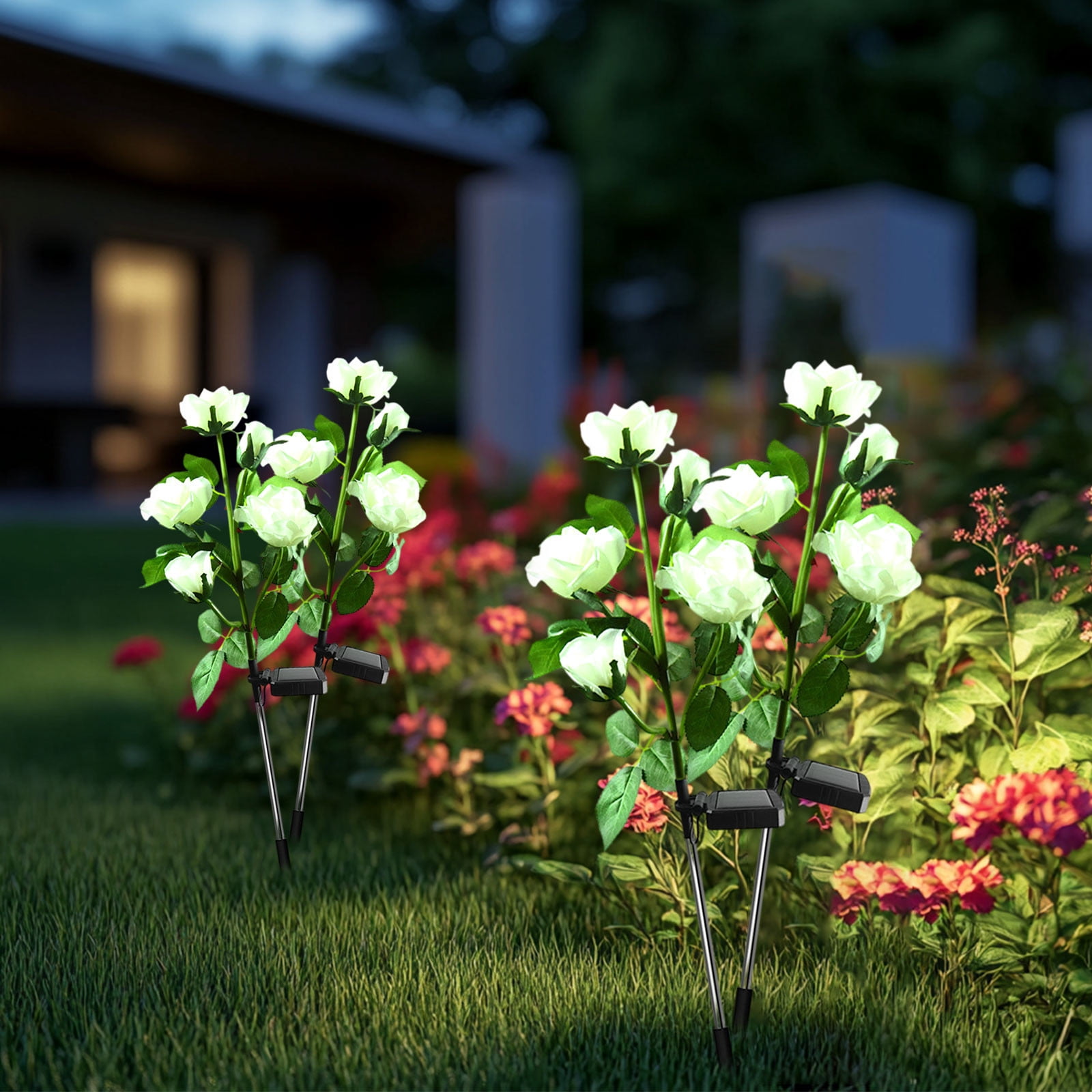Solar Garden Lights Outdoor, 2 PackSolar Flower Lights Outdoor Waterproof with 16 Rose, 2 Modes Realistic Rose Flower for Yard, Pathway, Garden Decor & Gardening Gift