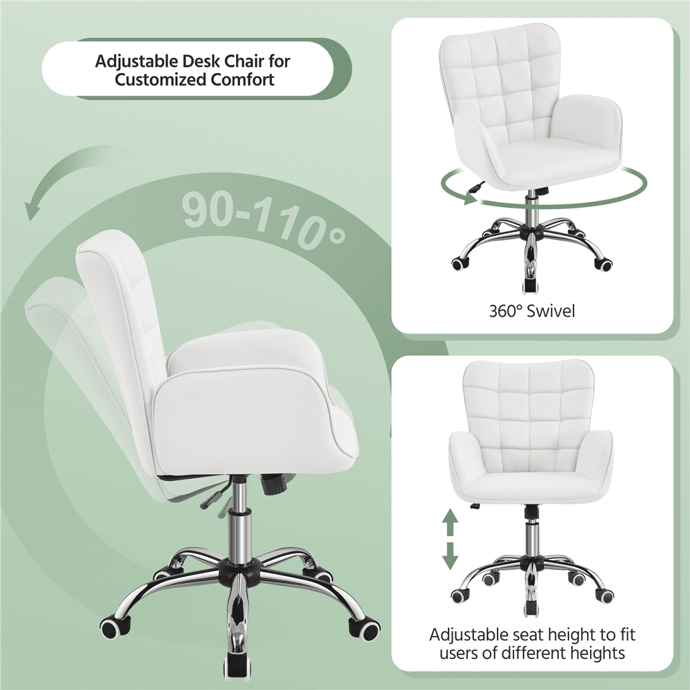 Alden Design Modern Faux Leather Desk Chair with Mid-Back Padded Armrests for Office, White
