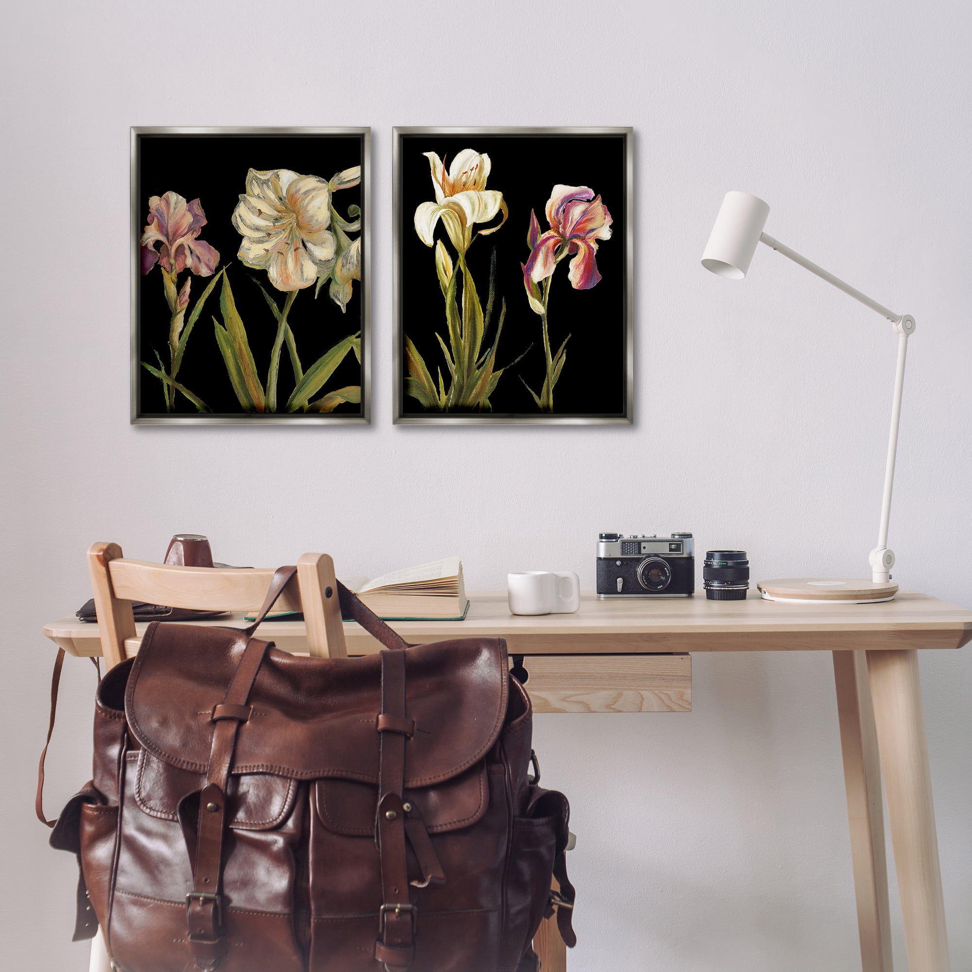 Stupell Industries Blooming Purple Iris White Lily Plants & Flowers Painting Gray Floater Framed Canvas Art Print Wall Art, 17 x 21, Set of 2