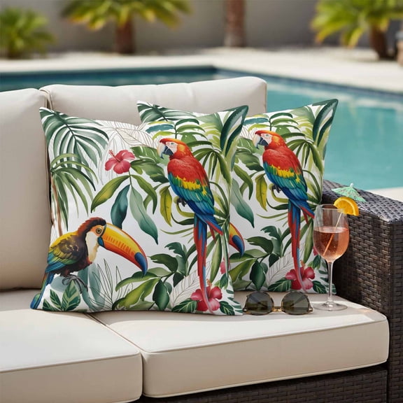 Tropical Parrots Outdoor Pillow Covers 24x24 Inch Throw Pillow Covers Set of 2 Waterproof Decorative Pillow Cases Summer Watercolor Flower Green Palm Leaves Cushion Covers for Patio Furniture Garden
