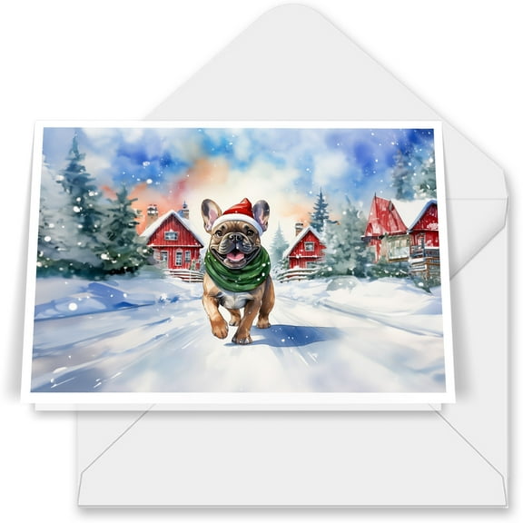Hello Winter French Bulldog Frosty Morning Walk Welcome Snowy Christmas 7x5in Folded Greeting Card Dog Lover Gifts Single Note Card with Envelope - 02018