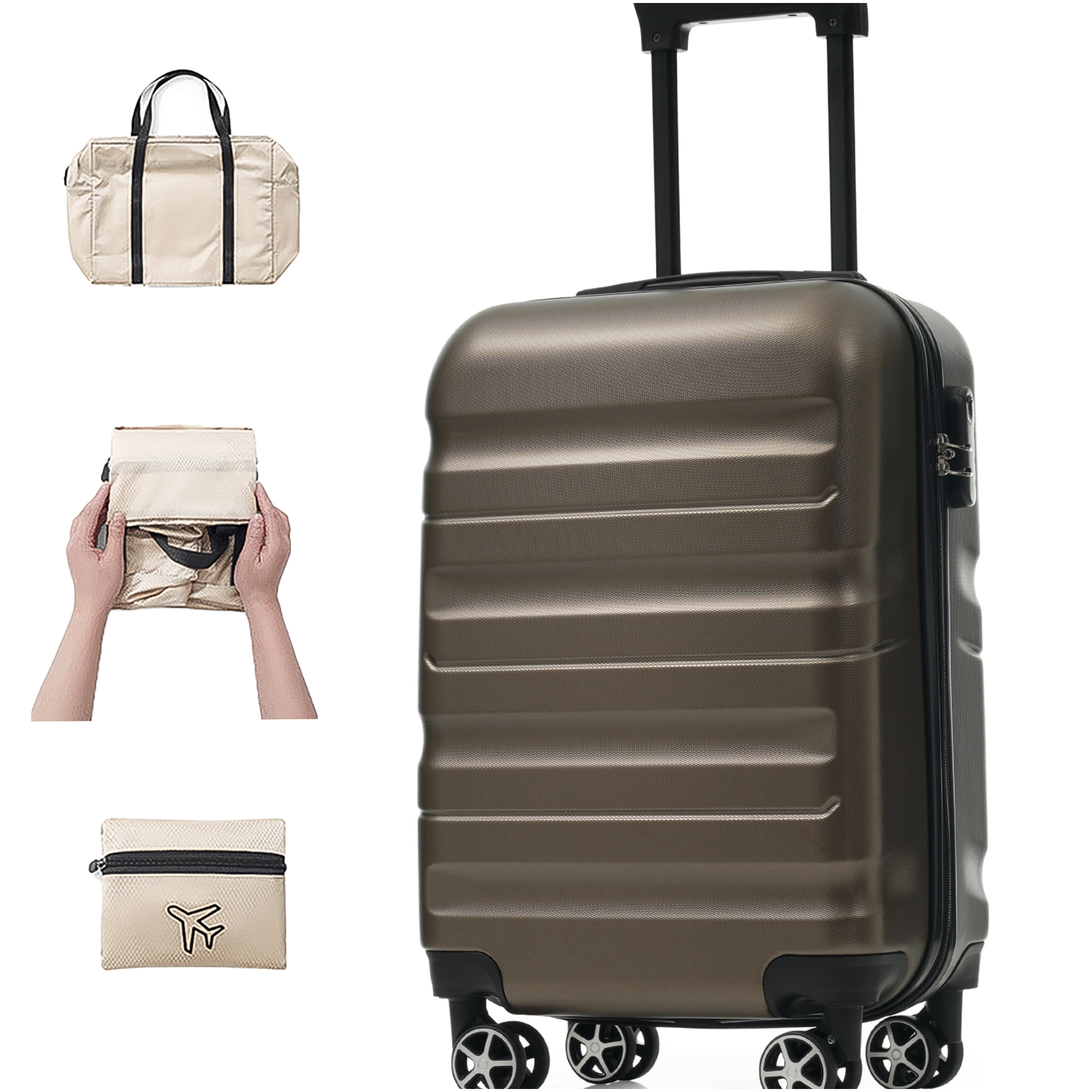 Brown ABS Hardshell Carry-On Luggage with Spinner Wheels and Foldable Duffel Bag, 20Inch Lightweight Suitcase for Travel