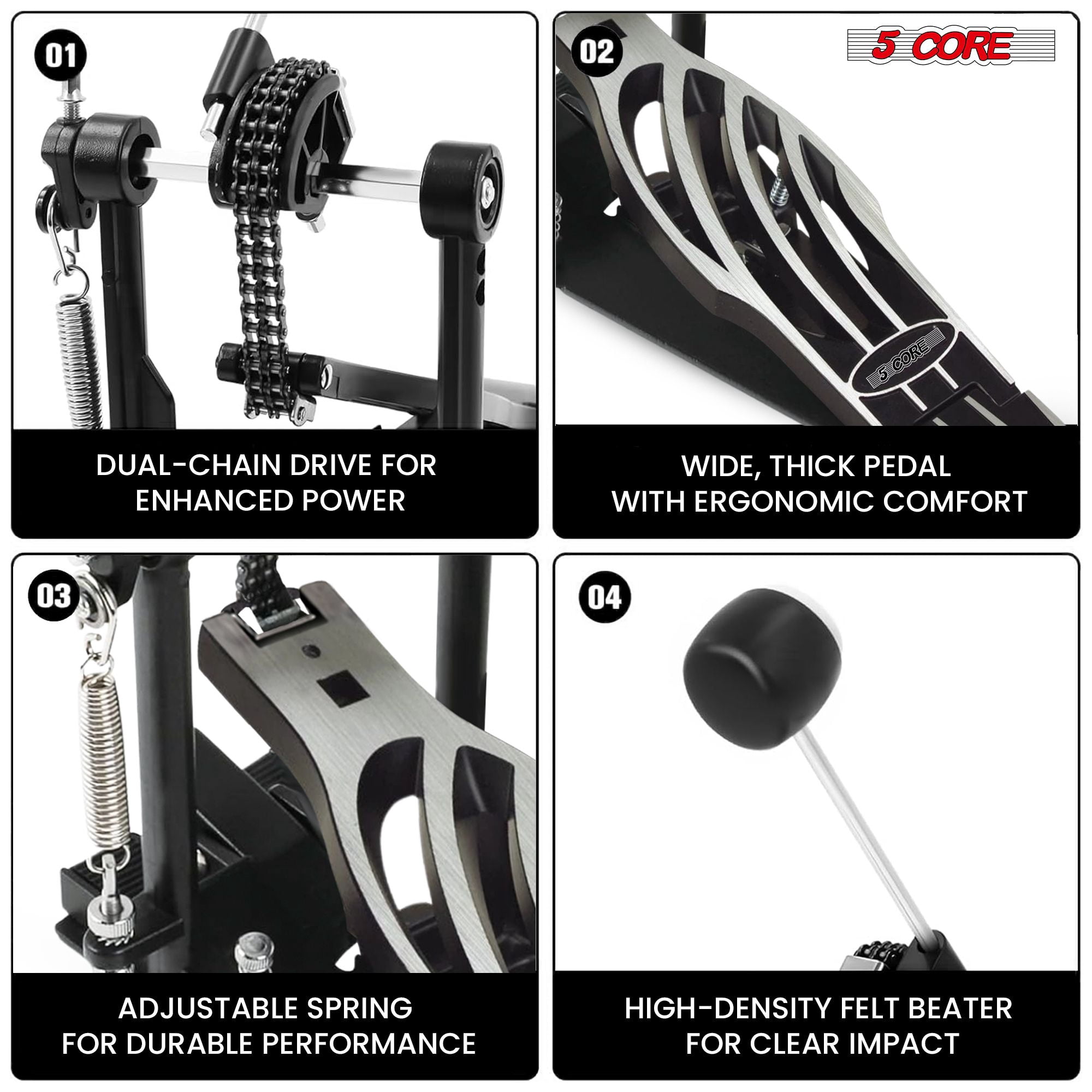 5 Core Bass Drum Pedal Mount Adjustable Felt Beater Head Single Chain Heavyduty Kick Drum Foot Pedal