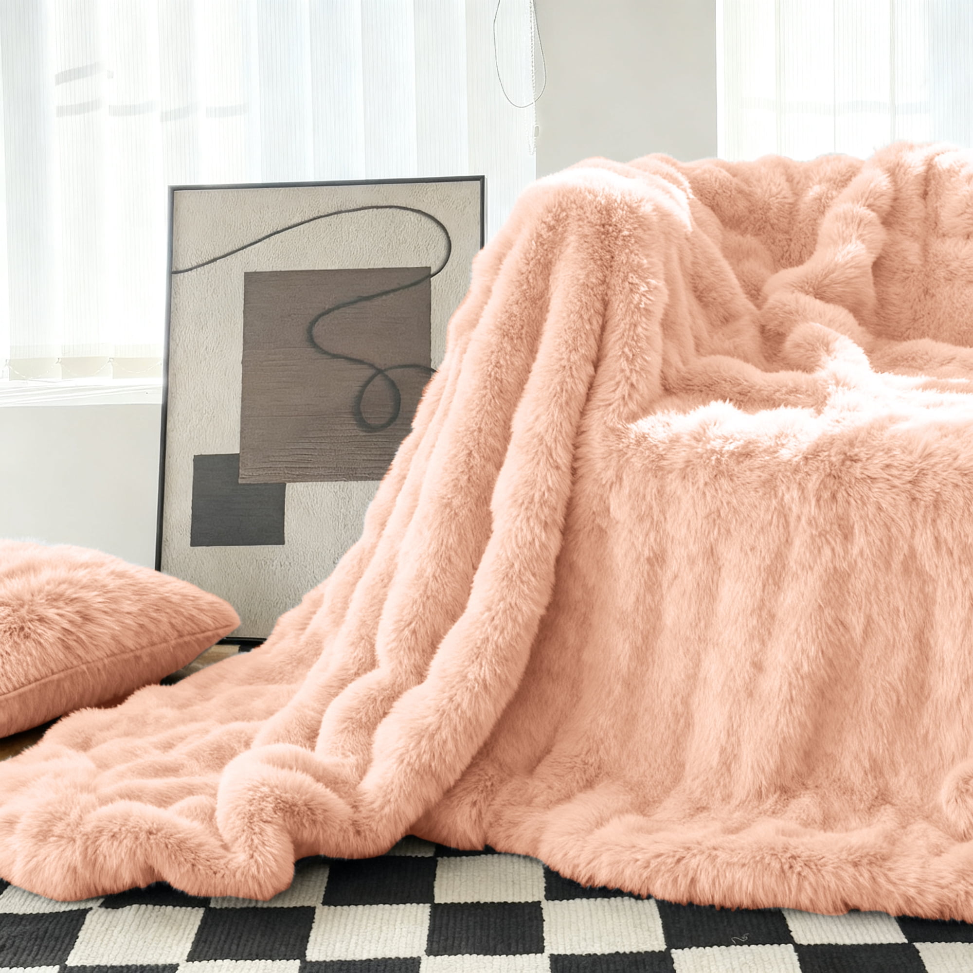 Sanmadrola Throw Blanket Faux Fur for Couch, Fuzzy Soft Plush Thick Bubble Blanket for Sofa Bedroom Living Room 60''x 80'' Pink