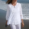 thumbnail image 2 of Blusa vintage de encaje con parches para mujer: cuello en V con lazo, manga 3/4, bordado, color liso, estilo retro/casual, verano, 2 of 5