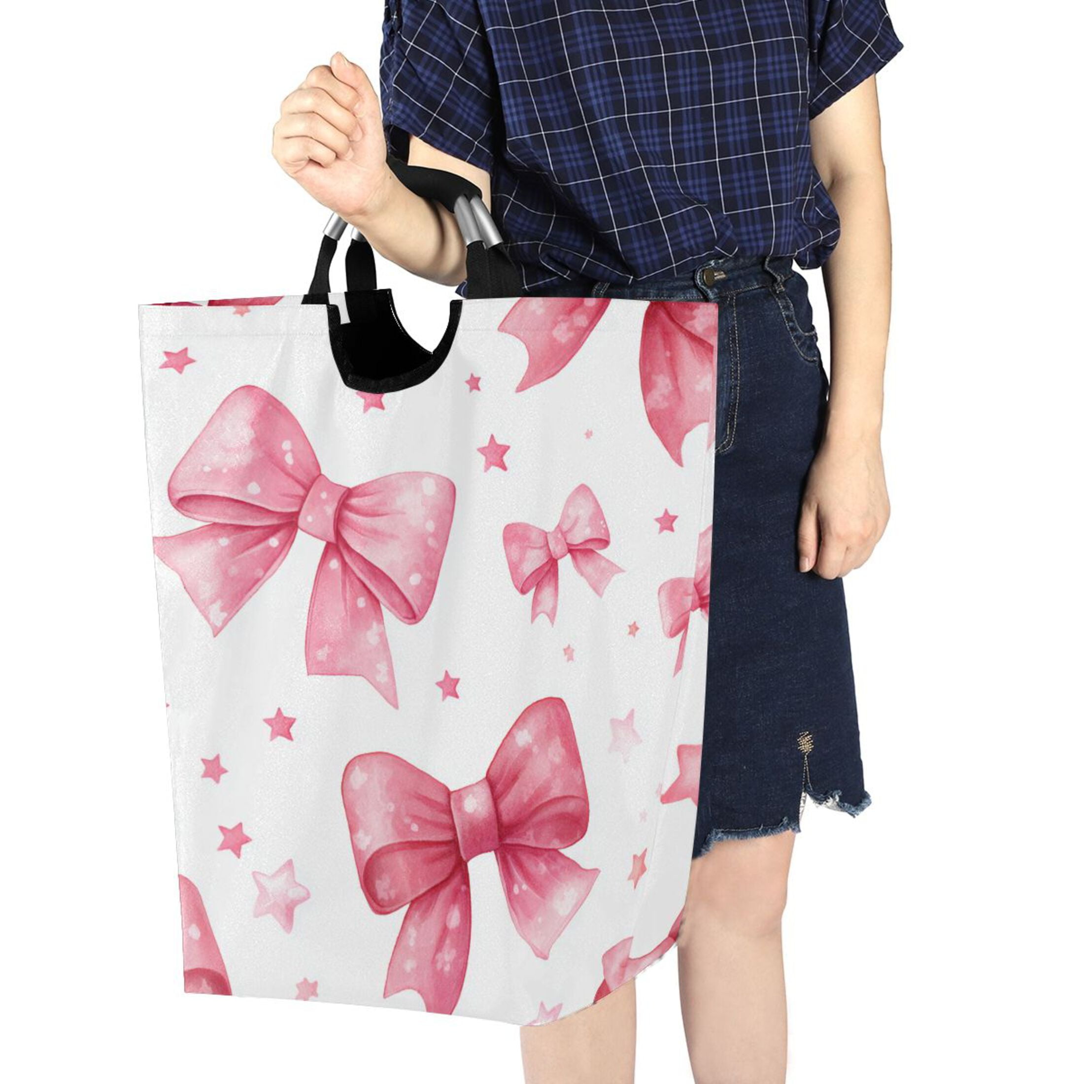 Pink Bows and Stars Laundry Basket with Handles Foldable Laundry Hamper Freestanding Washing Bin 50L