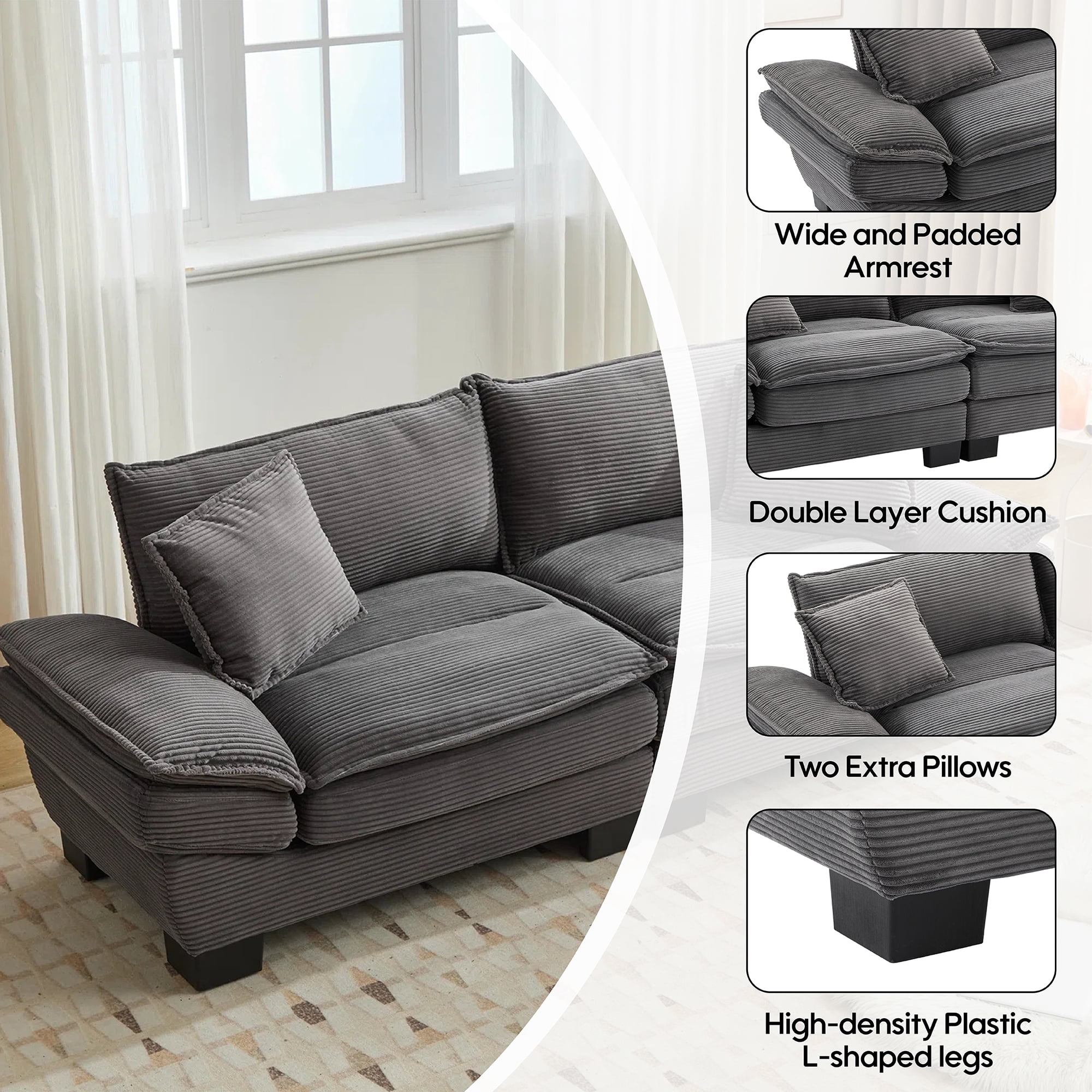 84" Comfy Corduroy Sofa 2-Seater Deep Seating Loveseat with Pillows for Small Spaces