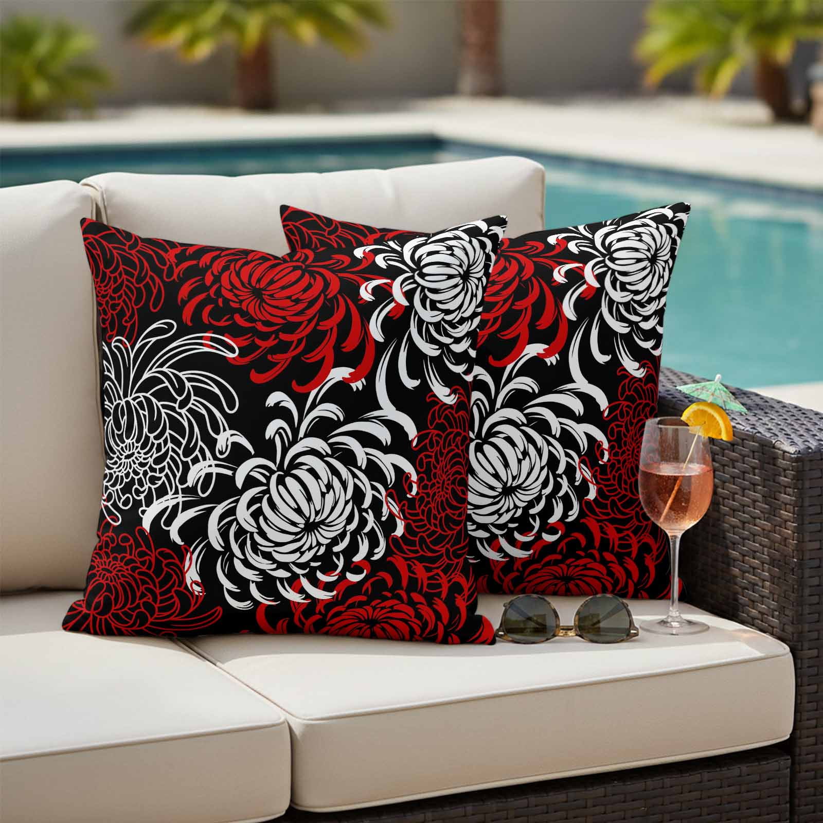 Red White Outdoor Waterproof Pillow Covers, Abstract Black Chrysanthemum Flower Floral Decorative Square Throw Pillowcase Sofa Cushion Sham for Patio/Couch/Chair, 16"x16" 2 Pack