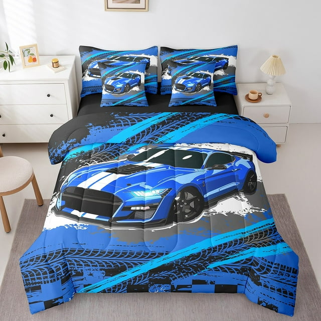 YST Blue Racing Car Comforter Set Full Size,Speed Car Bedding Set for Kids Teens,Race Car (Comforter+Fitted+Flat Sheet+2 Pillowcases+2 Throw Pillow Covers) 7 Pieces Bed Set