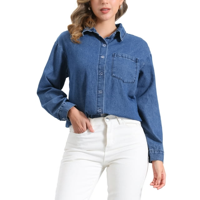 Camisa de mezclilla casual para mujer INSPIRE CHIC, de manga larga, con botones, chaqueta de jean, M azul