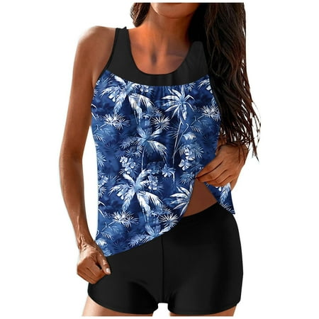 ZQGJB Blouson Tankini Swimsuits for Women Two Pieces Summer Tropical Printed Beach Flowy Swim Tank Top and Boyshorts Tummy Control Bathing Suits(Blue#06 L)