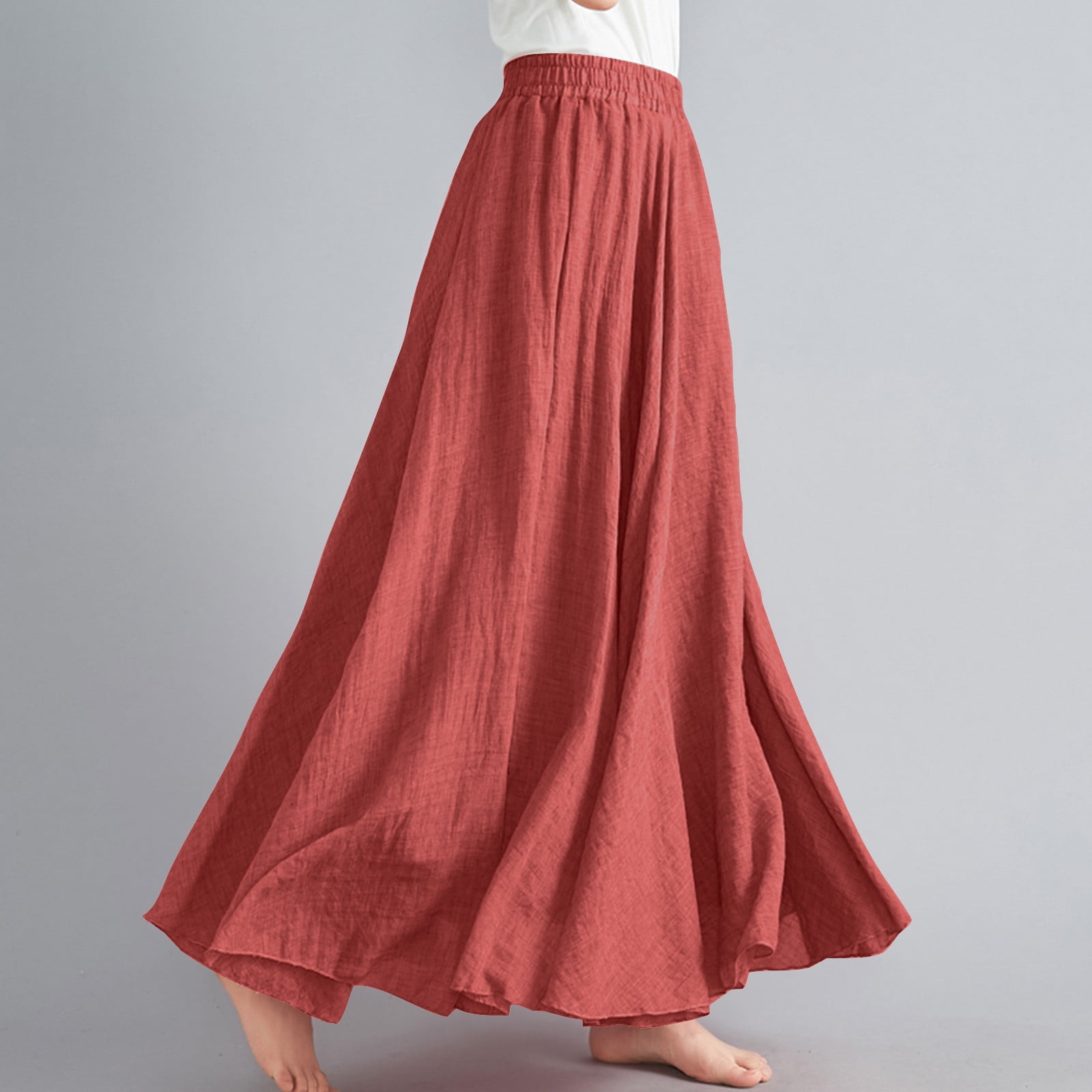 Cavosen Summer Skirts Women Long Maxi Ankle Length Skirts Linen Pleated Pencil Skirts Elastic Waist Plain Summer Skirts Oversized Dress Athletic Beachwear Casual Resortwear Red