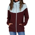 thumbnail image 1 of Sudadera con cremallera y cordón para mujer, chaqueta con cuello levantado y manga larga, prendas de vestir con bolsillo para el trabajo, color burdeos y azul claro XL, 1 of 4