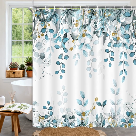 Teal Blue Eucalyptus Leaves Shower Curtain, Watercolor Floral Nature Botanical Plants Bathroom Curtain, Waterproof Fabric Shower Curtain Set with Hooks, 47X64in