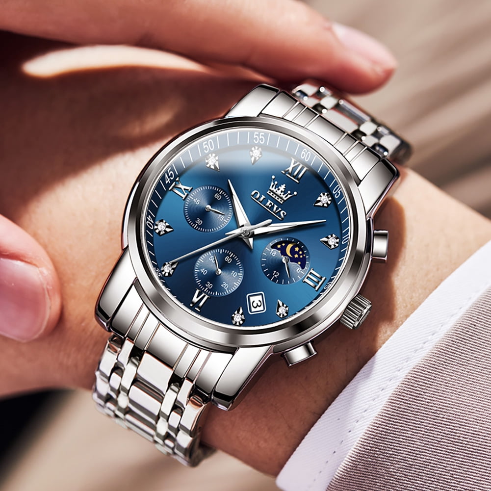 OLEVS Watches for Men Luxury Dress Casual Analog Quartz Gold Plated Stainless Steel Chronograph Moon Phase Waterproof Luminous Date Business Mens Wrist Watches Reloj Para Hombre